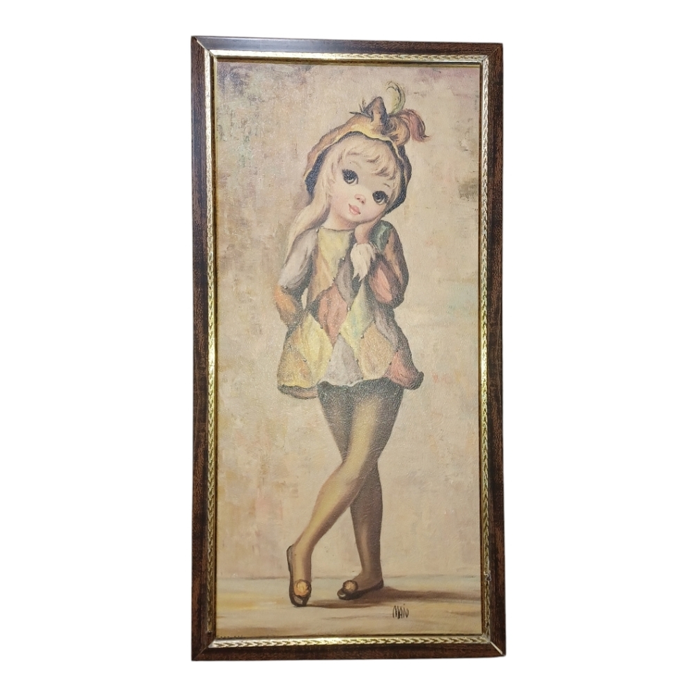 Vtg Mid Century MOD Maio Harlequin Big Eye Girl  Print 8"x16"